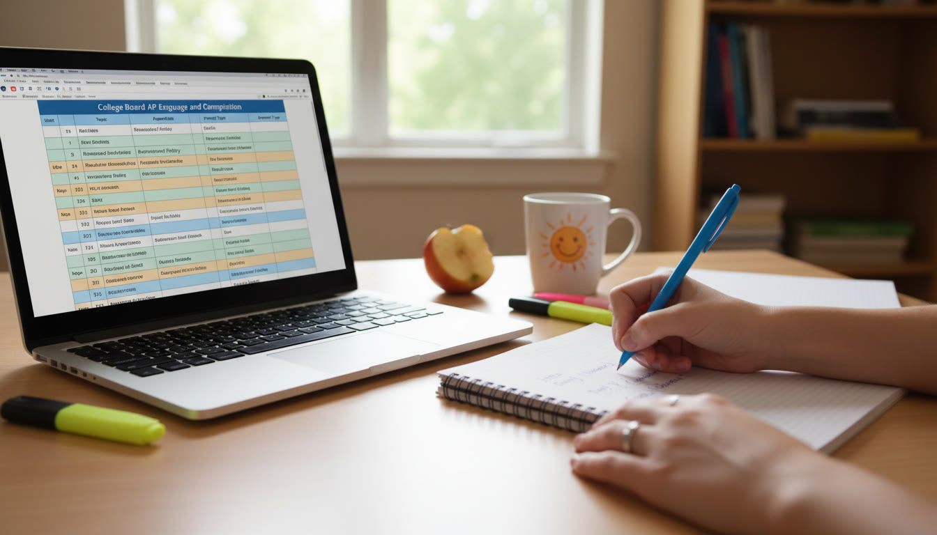 Photo Idea : Close-up of a laptop screen showing a topic-bank table, with a student’s hand writing a short essay outline on paper nearby; conveys integration of digital and handwritten study.