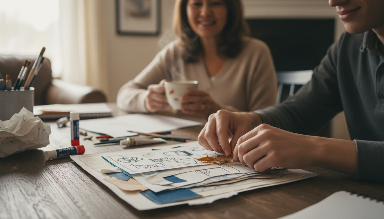 Photo Idea : Close-up of a student's hands arranging a mixed-media piece on a table while a parent in the background holds a cup of tea and watches, capturing a moment of supportive presence.
