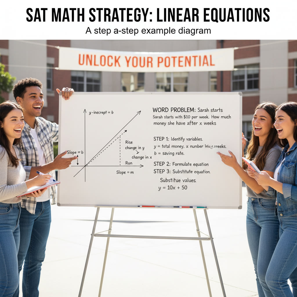 A step-by-step example diagram: graph of a line with slope and intercept labeled, next to the algebraic derivation connecting y = mx + b to the word problem.