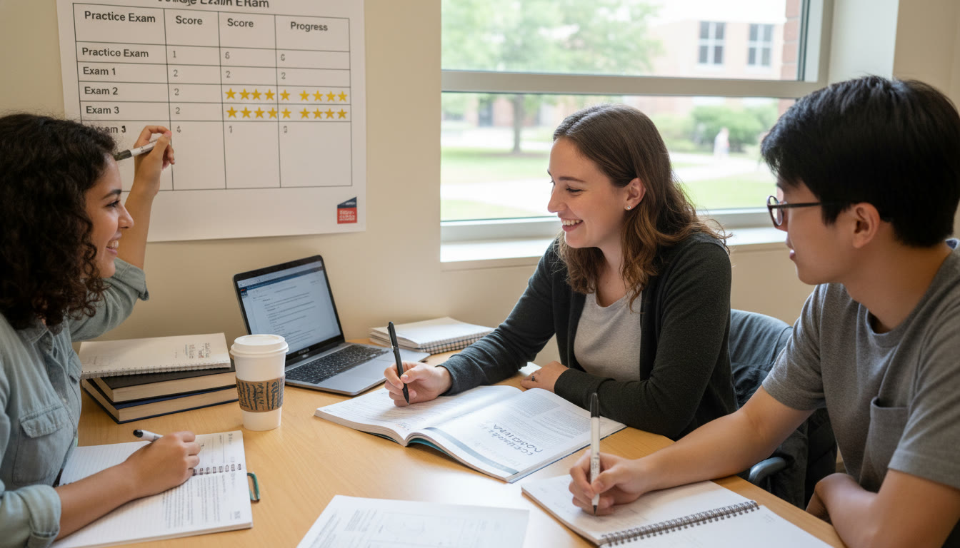 Photo Idea : A small group tutoring session with a tutor pointing at a practice exam and a student smiling as they mark progress on a chart—visualizing measurable improvement and supportive mentorship.