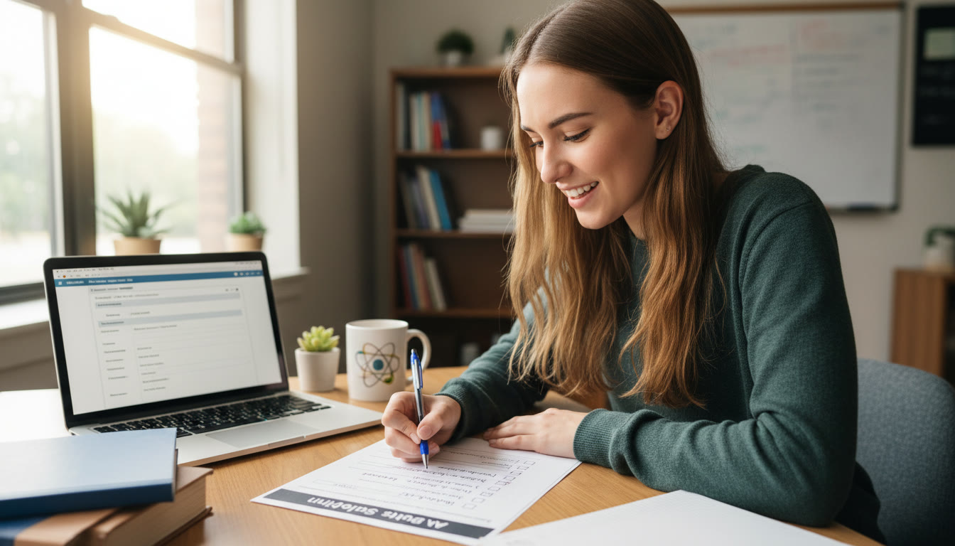 Photo Idea : A student at a desk with a printed checklist and a rubric open on a laptop, mid-study, pen poised to check off items. Bright, focused atmosphere to convey purposeful practice.