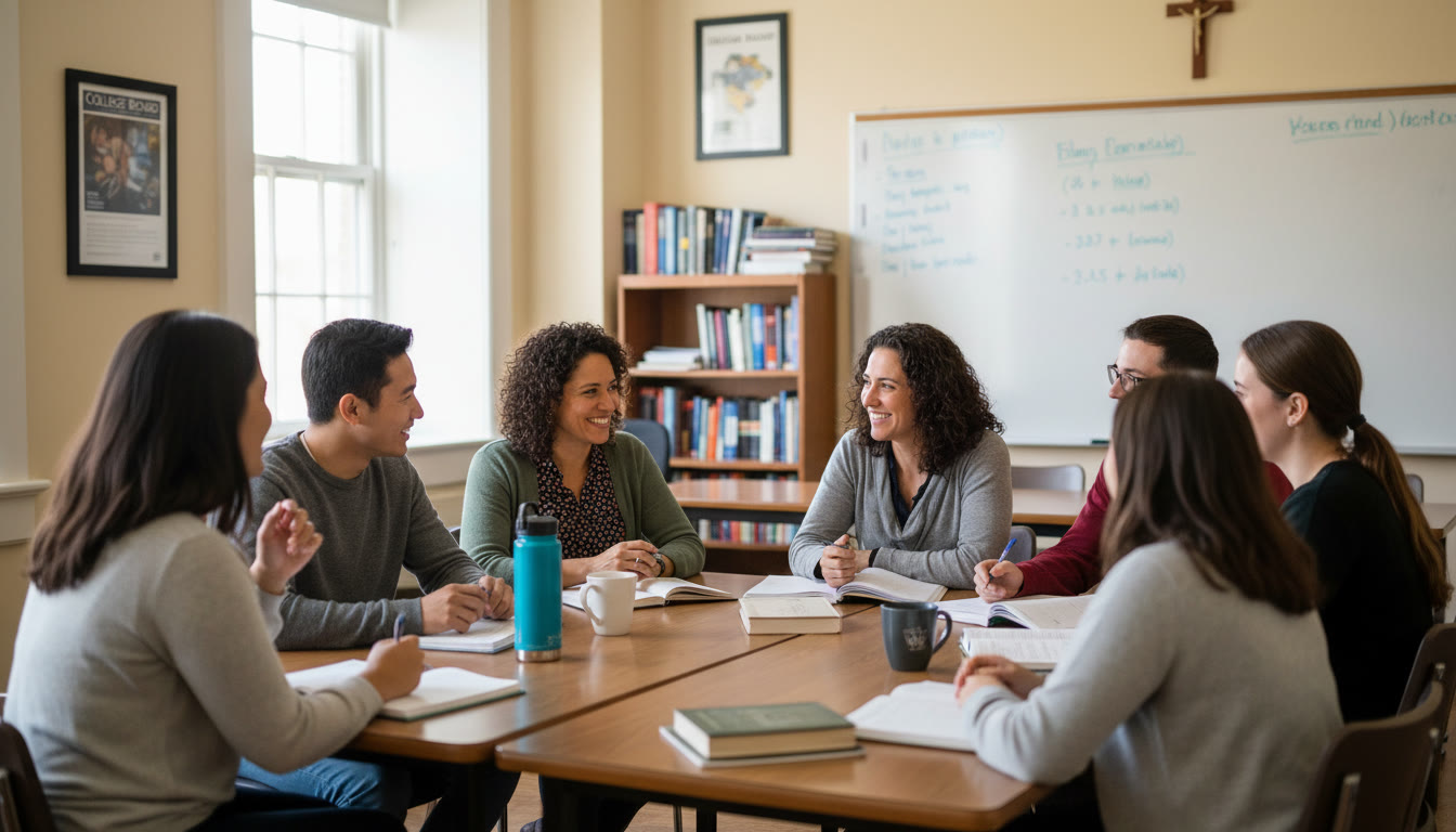 Photo Idea : A small seminar-style classroom with students and a faculty member in conversation, emphasizing collaborative learning and reflection — best placed near the conclusion where the article discusses Jesuit education and community.