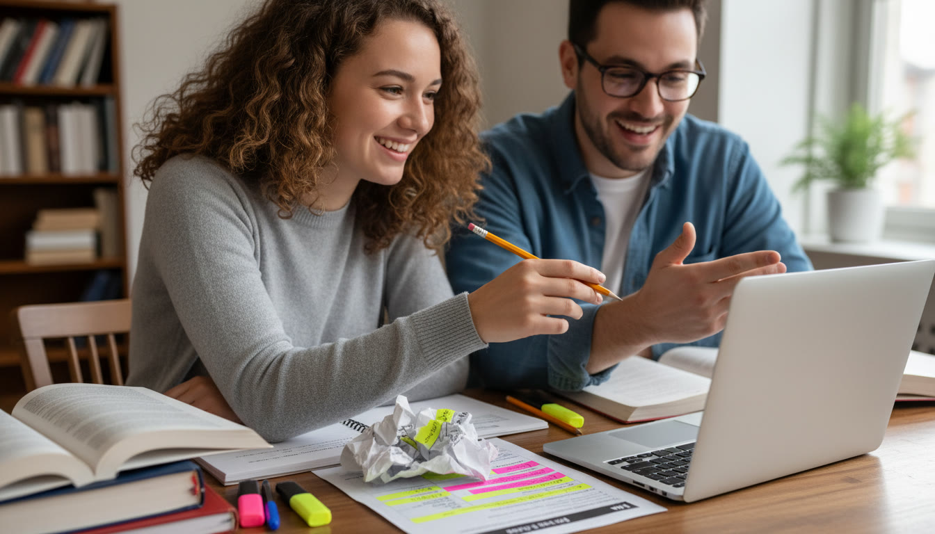 Photo Idea : Close-up of a student and a tutor working together on a laptop, with a printed FRQ rubric and highlighted notes on the desk—conveys focused, personalized guidance and the mechanics of coaching.