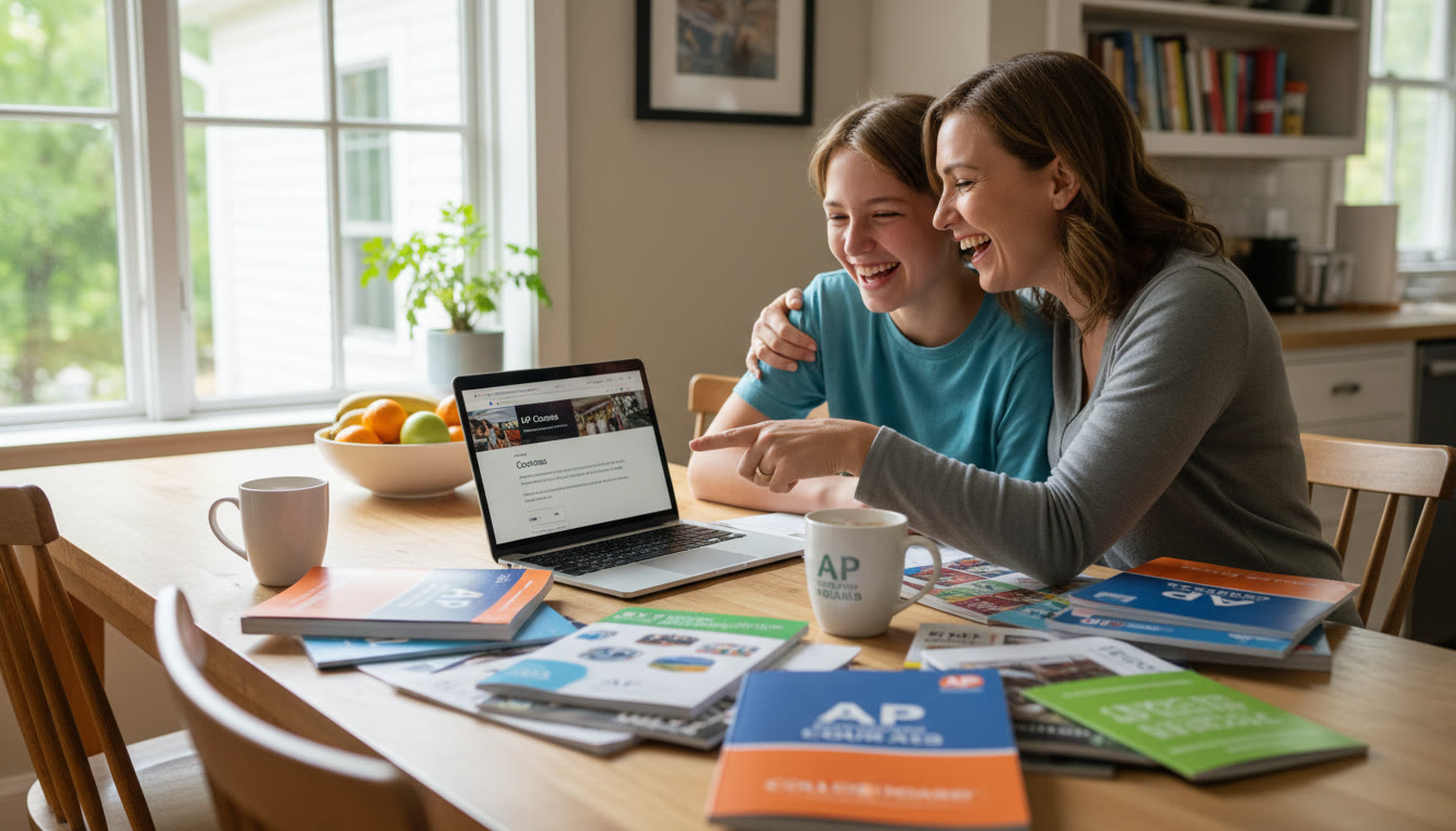 Photo Idea : A warm, candid shot of a parent and teen sitting at a kitchen table surrounded by colorful course catalogs and a laptop, talking and smiling as they plan the school year.