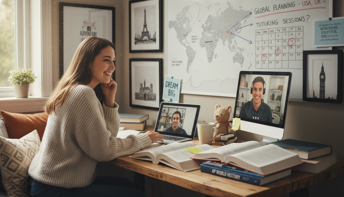 Photo Idea : A thoughtful image of a student video-calling from a cozy study nook while annotated books and art prints surround the workspace — to illustrate global planning, tutoring sessions, and the emotional side of preparing for study abroad.