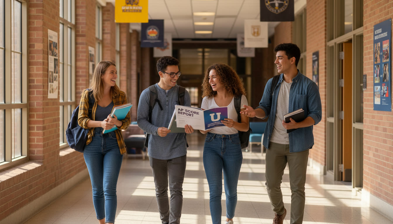 Photo Idea : A bright campus hallway with a small group of diverse students walking and talking, one of them holding an AP score report and a campus brochure—evoking the bridge between AP success and university opportunity.