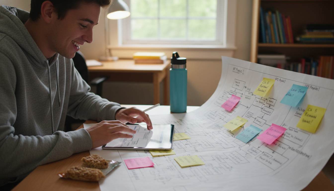 Photo Idea : A student at a desk in mid-study, using a tablet to edit a clean digital flowchart while a printed hand-drawn chart sits beside them with sticky-note annotations — conveying the hybrid study method.