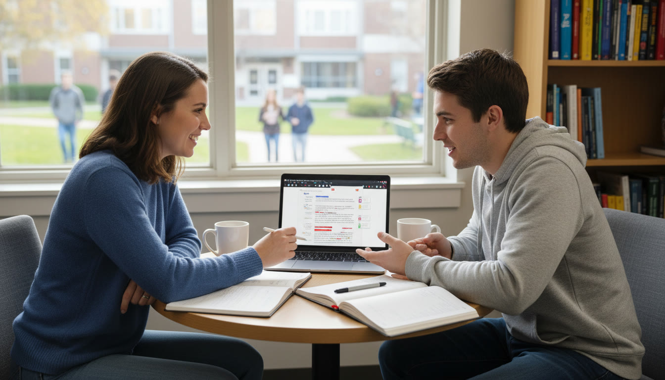 Photo Idea : A student and a tutor at a small table, pointing at an annotated essay on a laptop. The scene communicates focused, personalized instruction and collaborative revision.