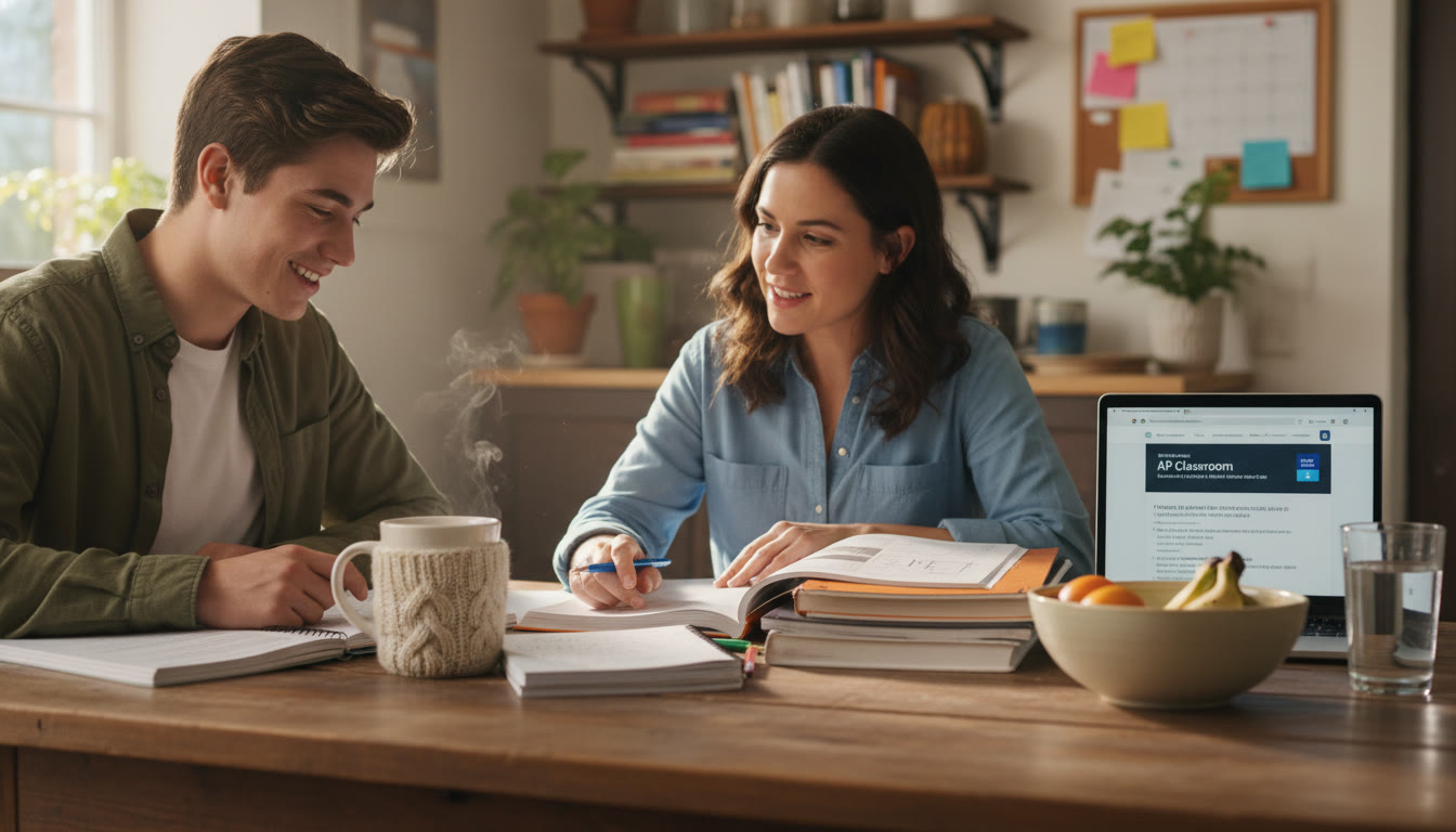 Photo Idea : A warm, candid photo of a high-school student reviewing notes at a kitchen table with a parent nearby. The scene should feel collaborative and hopeful — study materials, a laptop with College Board open, and a mug of tea to convey comfort during intense prep.