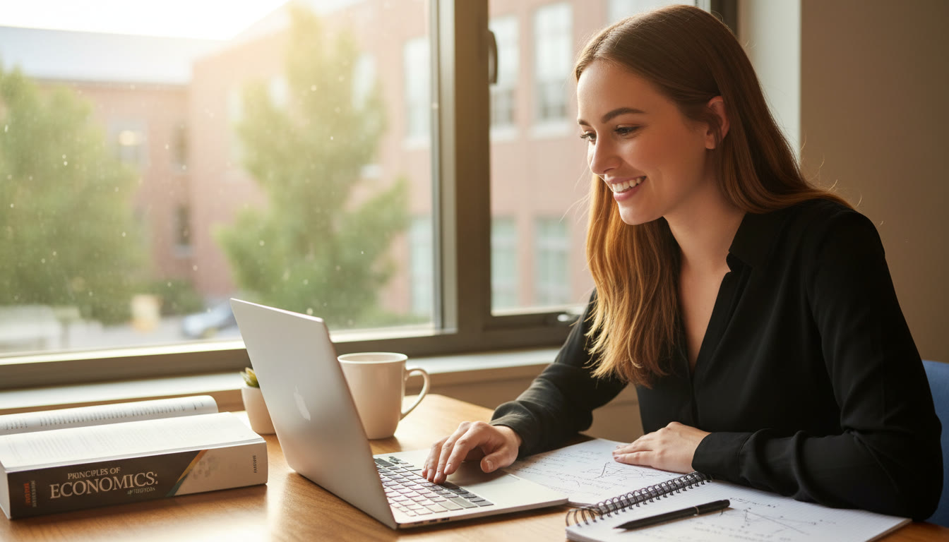 Photo Idea : A warm, candid photo of a student at a desk with a laptop, an open AP Economics textbook, and a notepad with formulas light streaming from a window conveying focused study for college-prep exams.