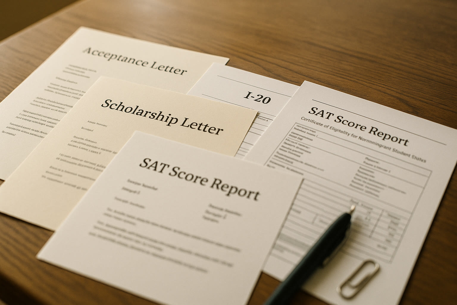 Photo Idea : A close-up of a well-organized visa packet on a table: acceptance letter, I-20, scholarship letter, and a printed SAT score report — calm and orderly, signaling readiness.
