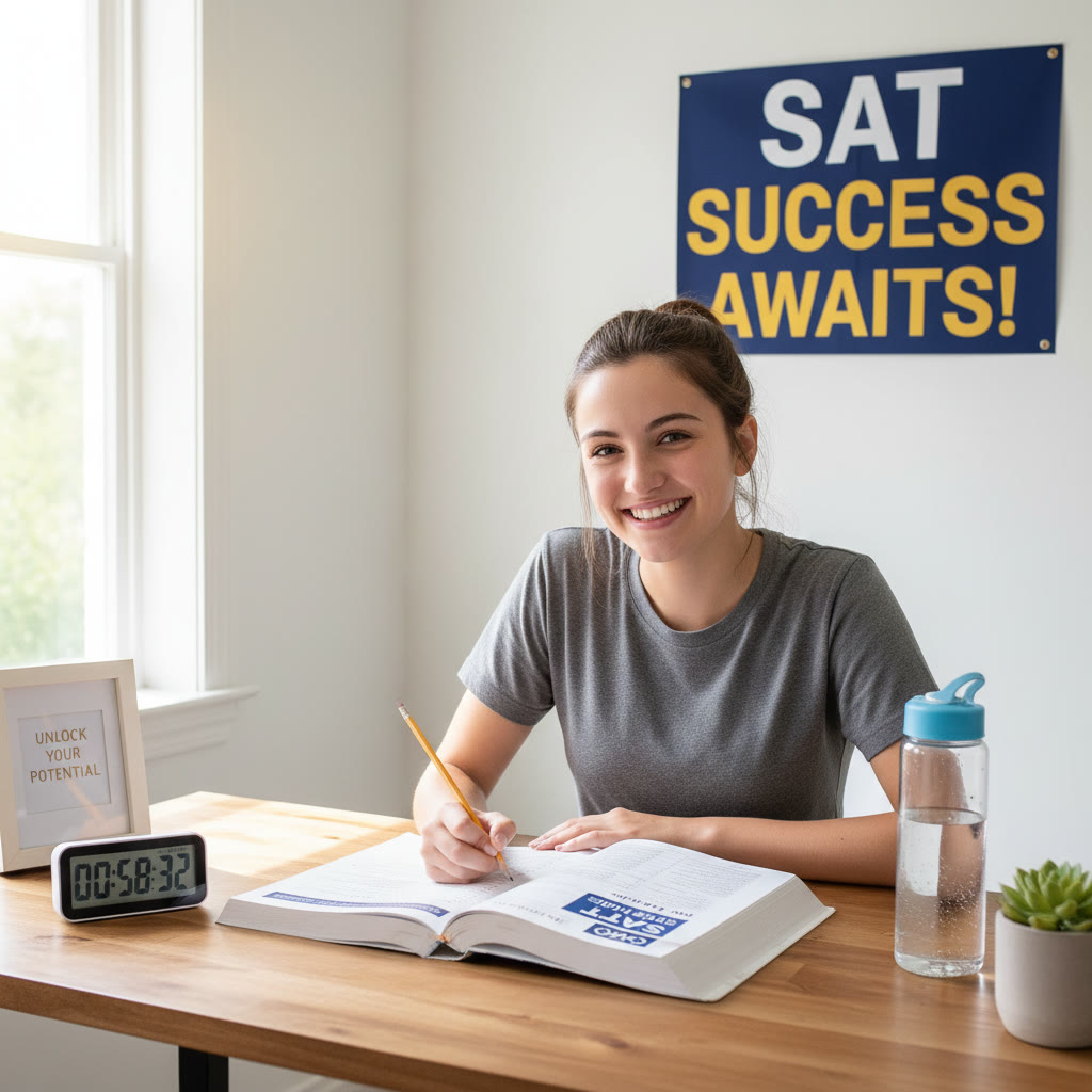 Student at a desk practicing with full-length SAT materials, timer and water bottle visible—bright, calm study space
