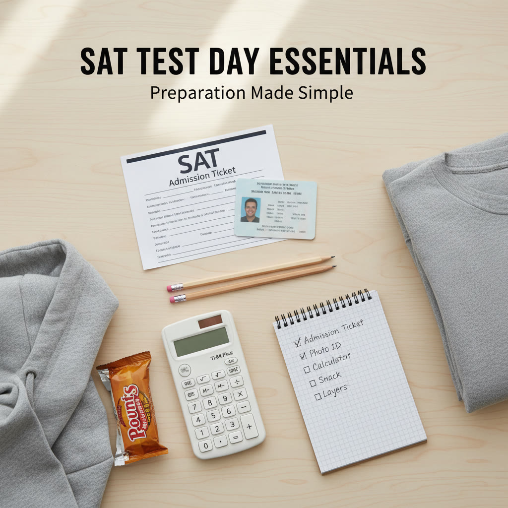 Laid-out test day essentials: admission ticket, photo ID, two pencils, a calculator, a granola bar, and layered clothing. Description highlights preparation and checklist simplicity.