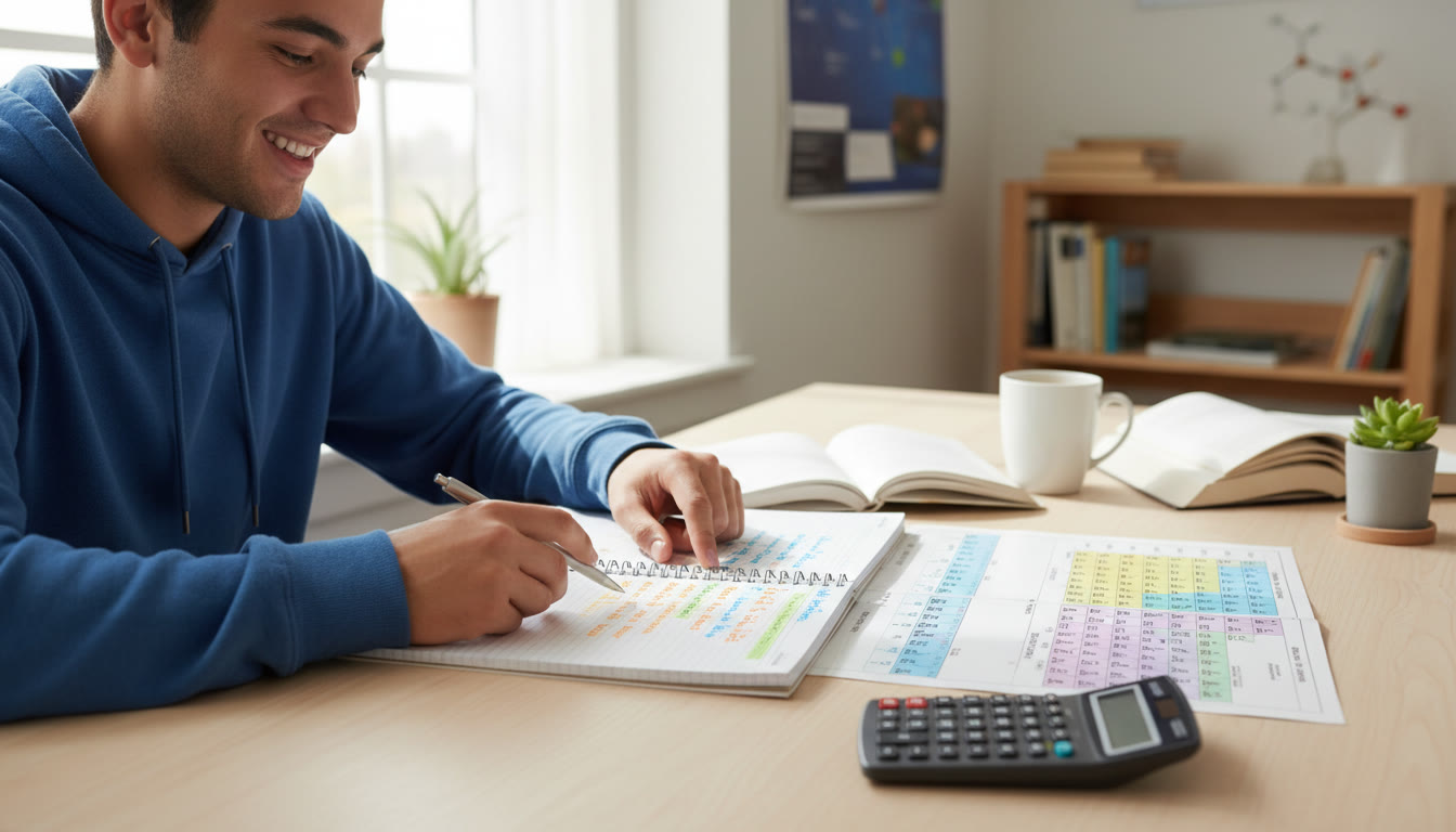 Photo Idea : A student at a desk with a clear, color-coded set of chemistry notes, a periodic table, and a calculator — bright natural light, hands-on vibe.