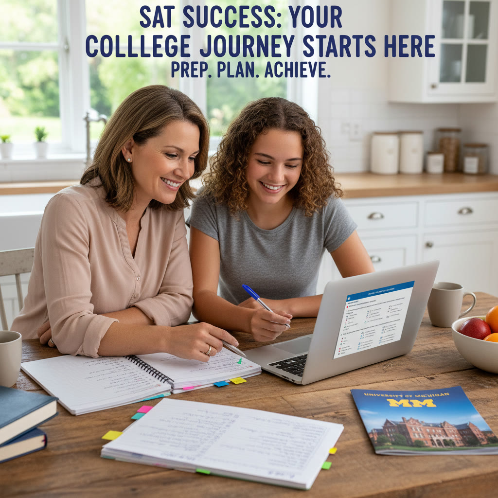 Photo Idea : A parent and student reviewing a college application checklist together at a kitchen table, with open notebooks, a laptop showing practice SAT questions, and a University of Michigan brochure nearby.