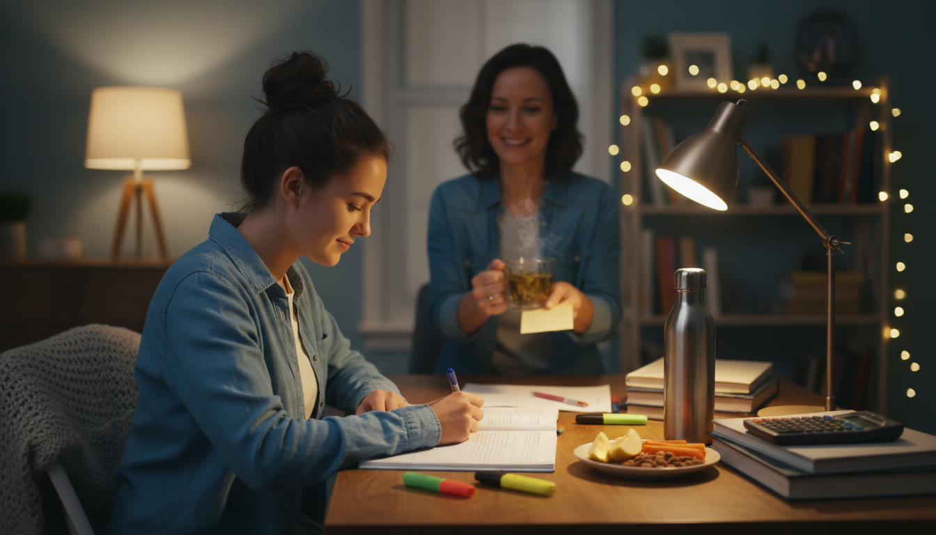 Photo Idea : A cozy evening study scene — a teen at a desk with a reusable water bottle, healthy snack plate nearby, a small lamp, and an open AP review notebook. The parent can be seen in the background offering a supportive note or a cup of herbal tea.
