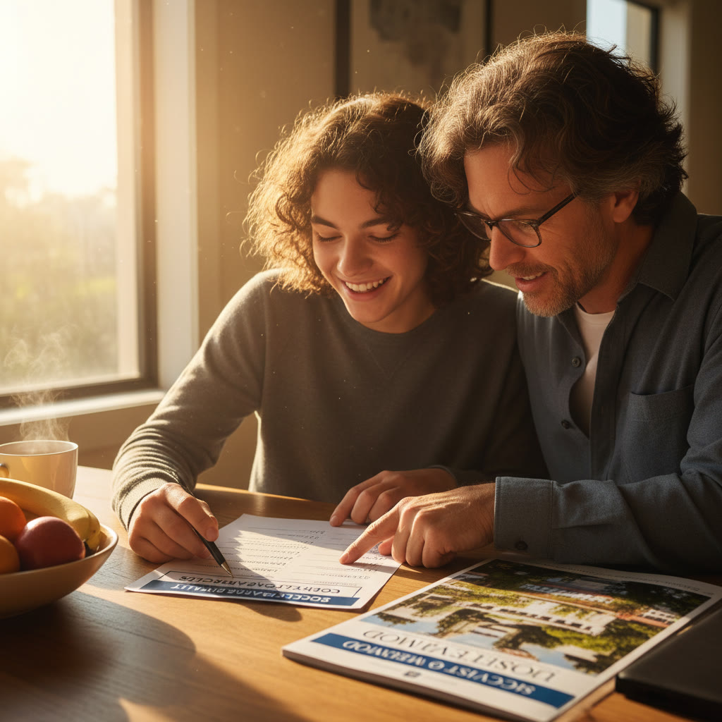 Photo Idea : A smiling student and a parent reviewing application checklist and score reports together, with warm sunlight and a college brochure nearby.
