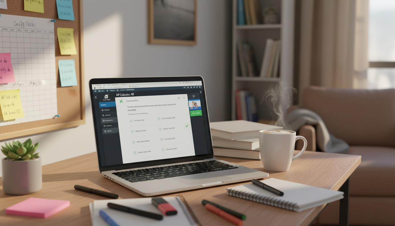Photo Idea : A cheerful study corner with a laptop showing an AP multiple-choice practice interface, a handwritten schedule, sticky notes with key formulas, and a cup of coffee—capturing focused, active study.