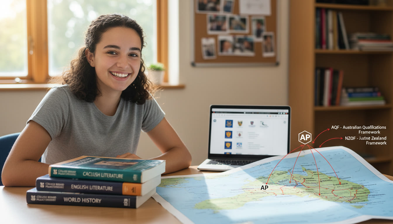 Photo Idea : A smiling student at a desk with AP textbooks and a map of Australia/New Zealand, suggesting global pathways from AP to AQF/NZQF.