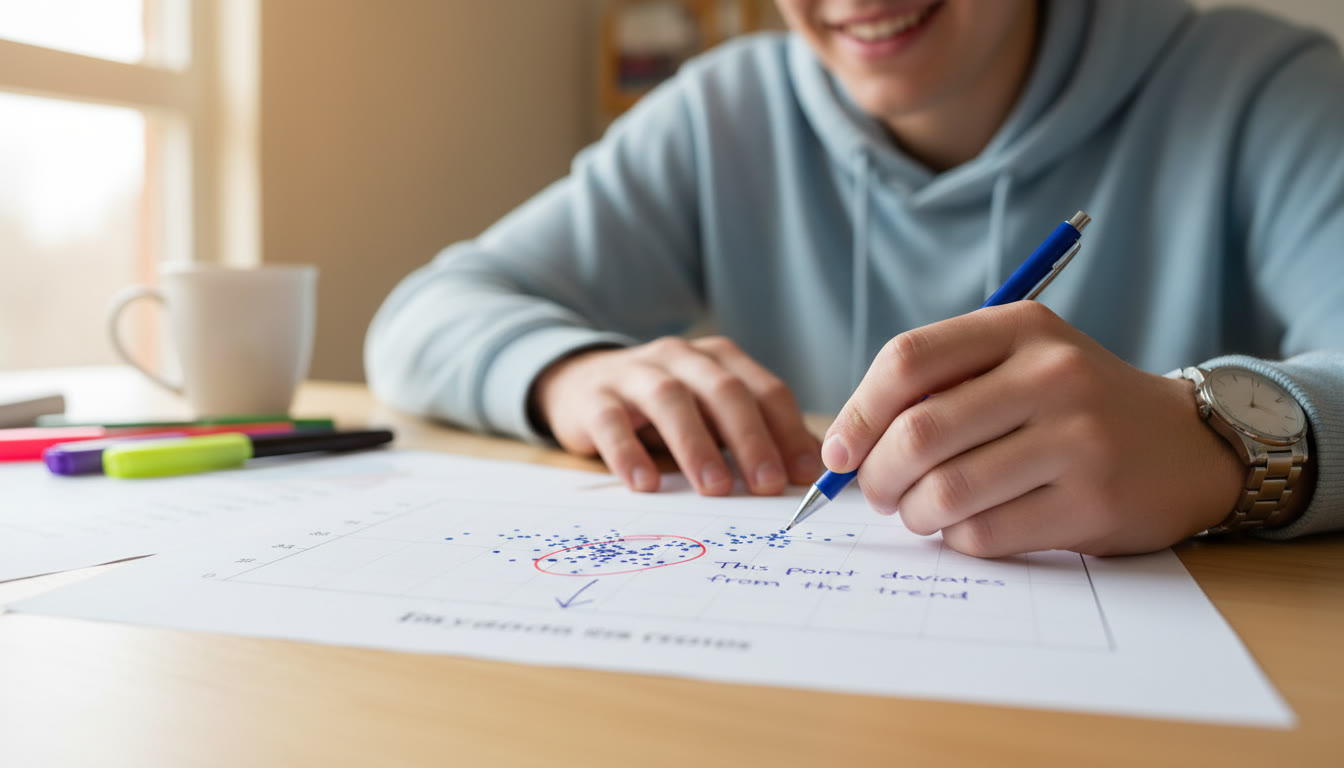 Photo Idea : Close-up of a student annotating a scatterplot printout with a pen, highlighting an outlier and writing a one-sentence caption—shows the iterative process of refining visuals.