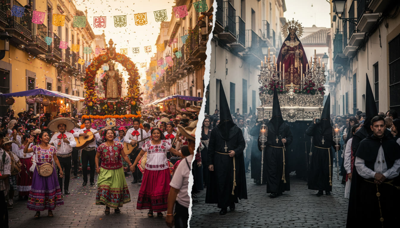 Photo Idea : A collage-style image showing two cultural scenes side by side (a lively street festival in Mexico and a solemn procession in Spain) to illustrate contrast and similarity in visual form.