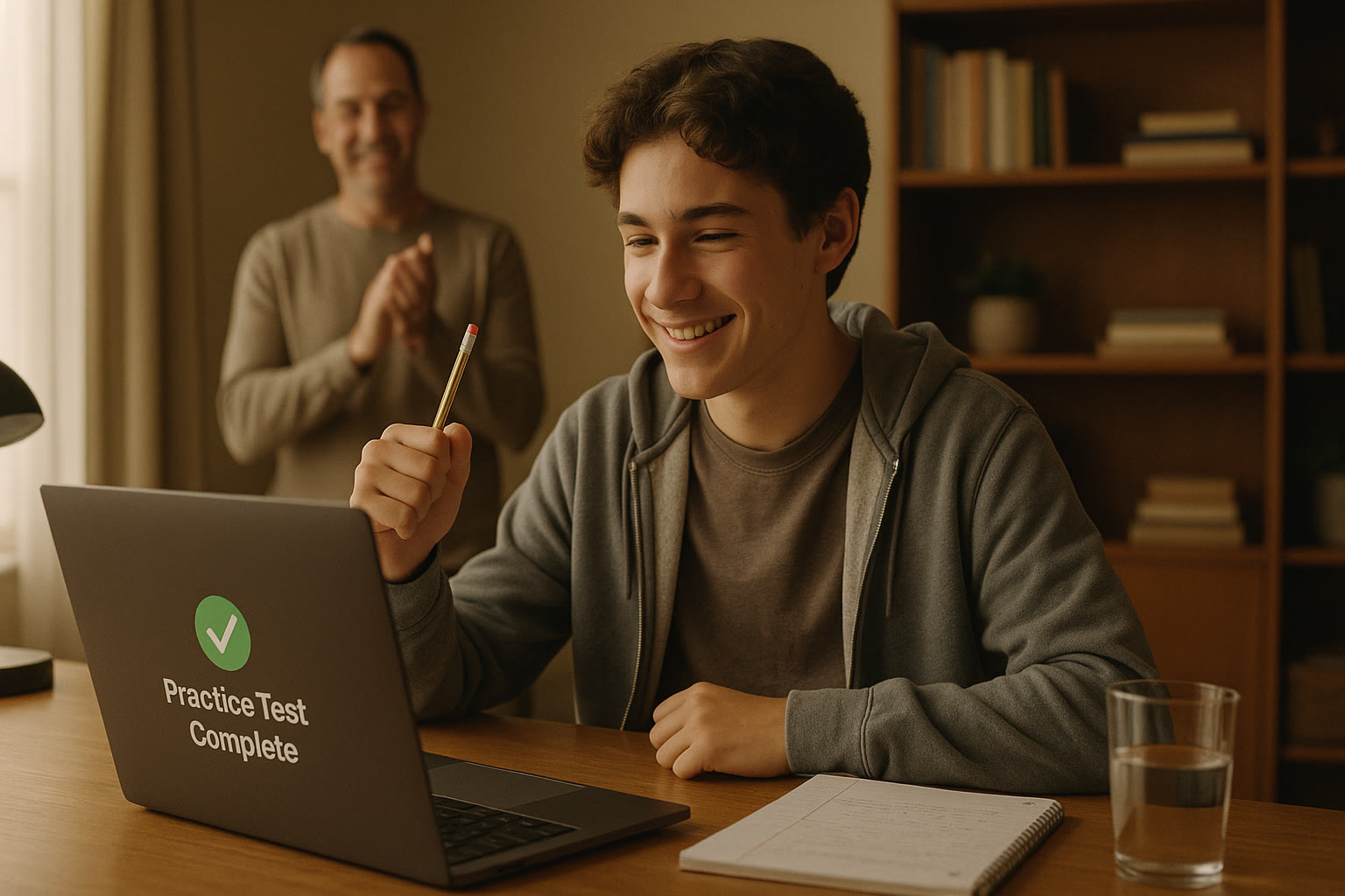 Photo Idea : A calm, triumphant shot of a high school student holding a pencil and smiling at a computer screen after a completed practice test, with a parent clapping in the background—celebratory but relaxed.