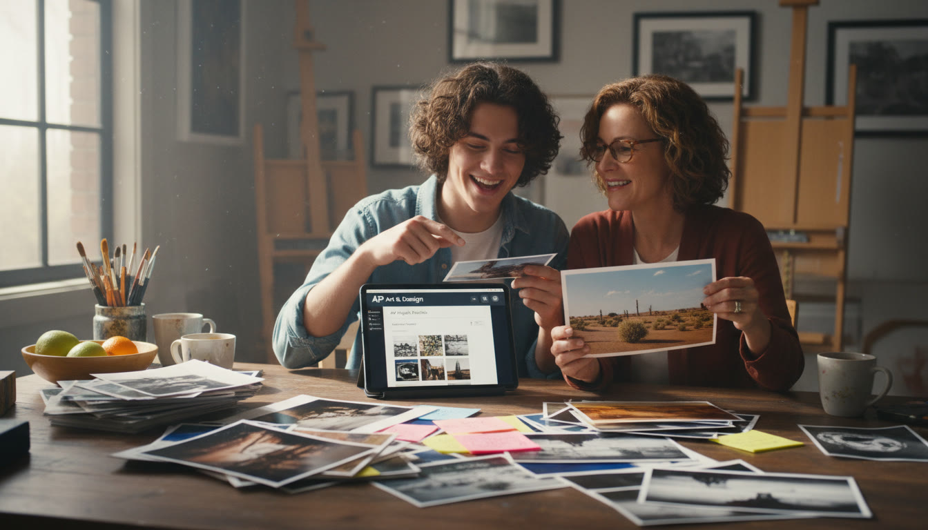 Photo Idea : A calm studio review scene where a student and parent look over printed images and notes; a tablet shows the AP Digital Portfolio interface — communicates collaboration, planning, and the submission moment.
