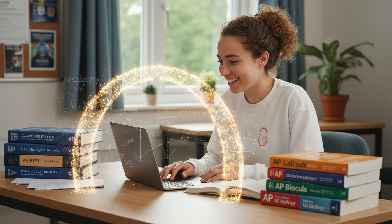 Photo Idea : A focused student at a desk with A-Level textbooks on one side and AP prep books and a laptop on the other — showing a tangible 'bridge' between curricula.