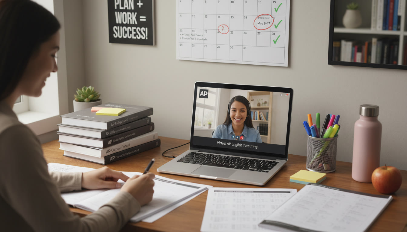 Photo Idea : A tidy desk with AP prep materials—practice exams, a laptop with a virtual tutoring session visible, highlighters, and a calendar highlighting test and score-send deadlines. The mood should be organized and encouraging, reflecting the payoff of planning and support.