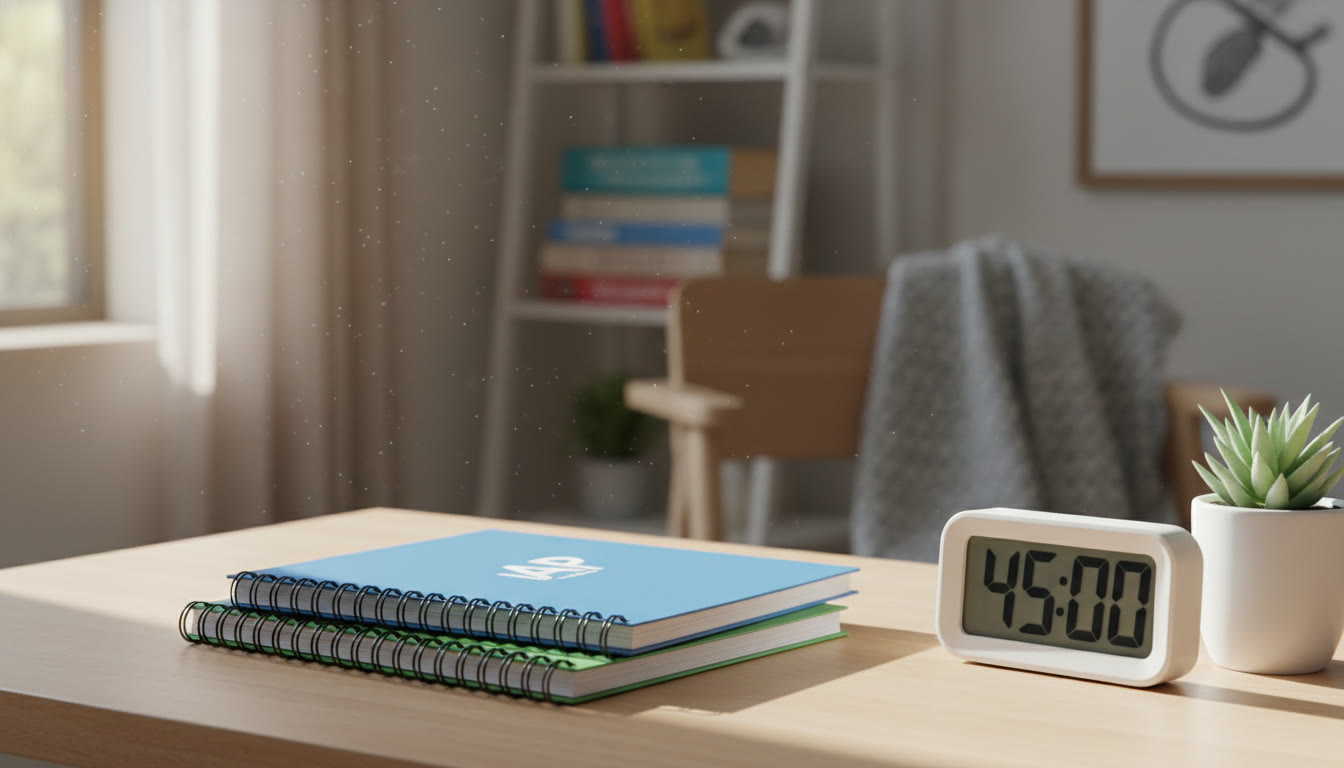 Photo Idea : A bright study nook with two stacked notebooks labeled “AP” and “Board,” a timer, and a small plant; shows organization and calm focus. Place near the mental-health and sleep section to illustrate a balanced study environment.
