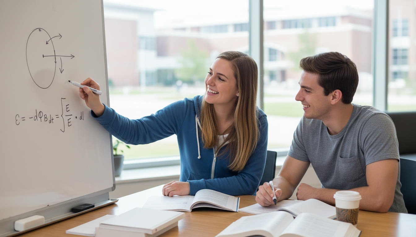 Photo Idea : A high-energy tutoring session at a whiteboard with a tutor pointing to a diagram of a loop with a changing magnetic field, while a student writes the integral for EMF—captures the give-and-take of 1-on-1 guidance and problem breakdown.