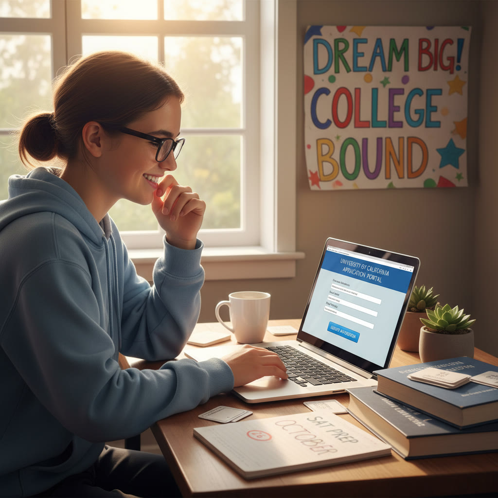 Photo Idea : A hopeful high school student studying with a laptop open to a college application portal, natural light pouring in—captures the focus and slightly nervous excitement of applying to top schools.