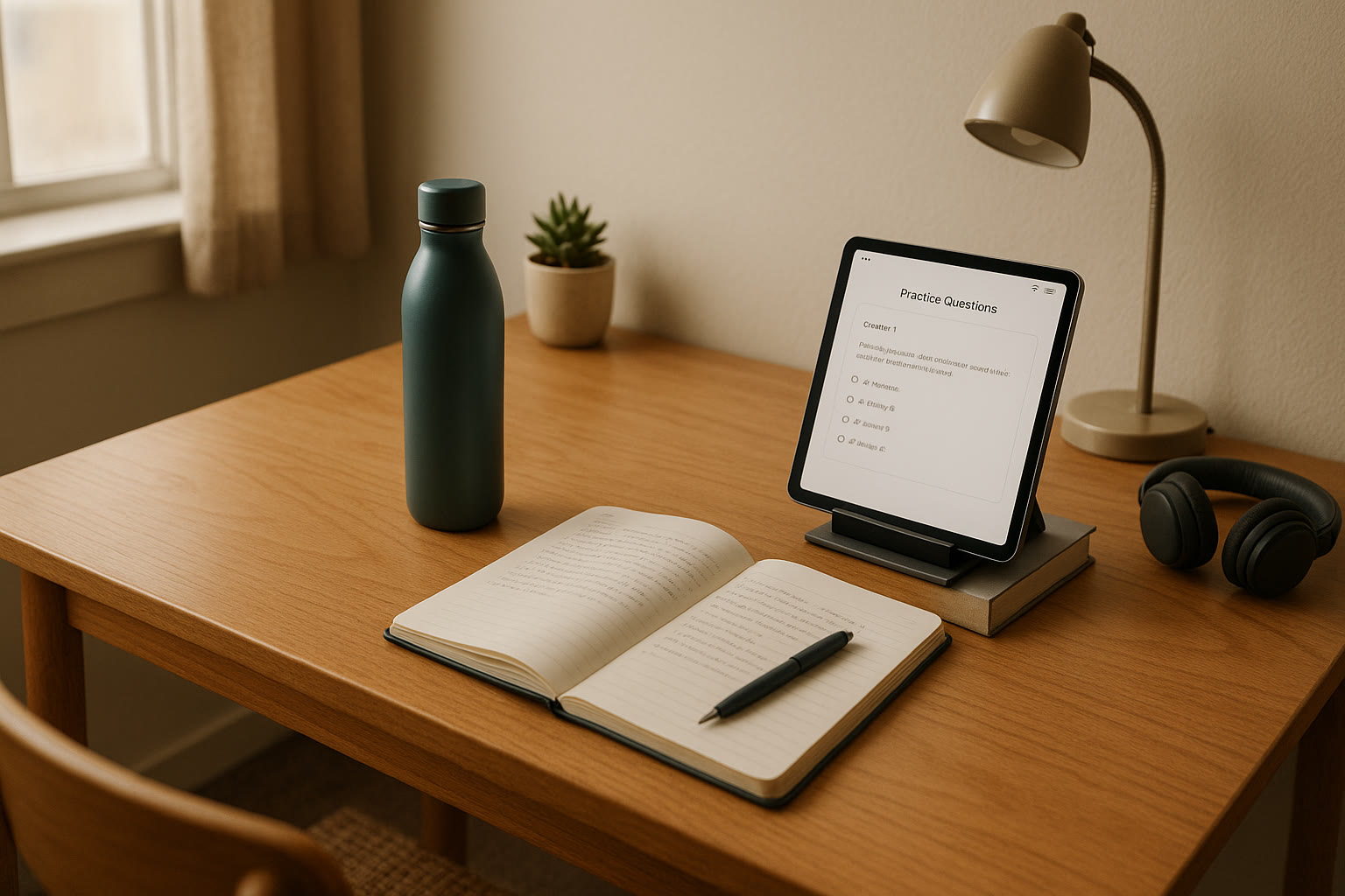 Photo Idea : A dorm-room style study corner with a reusable water bottle, notebook, and a tablet displaying practice questions — illustrating a calm, habit-ready environment.