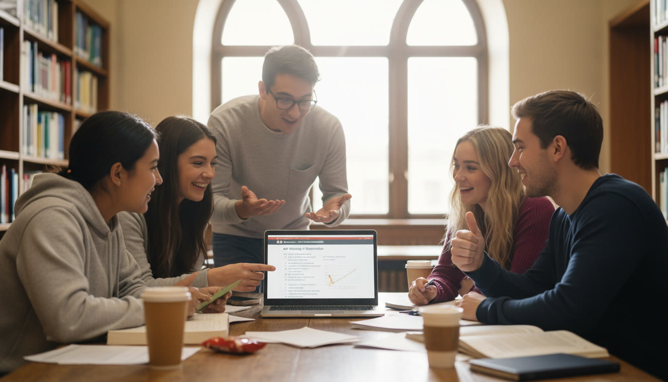 Photo Idea : A small study group huddled around a laptop, rehearsing a presentation — captures collaboration, rehearsal energy, and peer feedback which align with team task preparation.