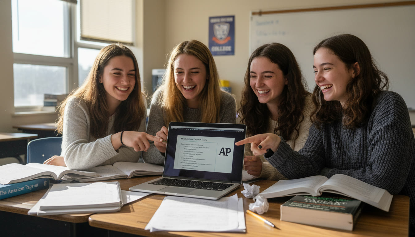Photo Idea : A small group of high school students gathered around a laptop, smiling and pointing at a document together. Natural classroom lighting and visible notebooks to suggest collaborative review.
