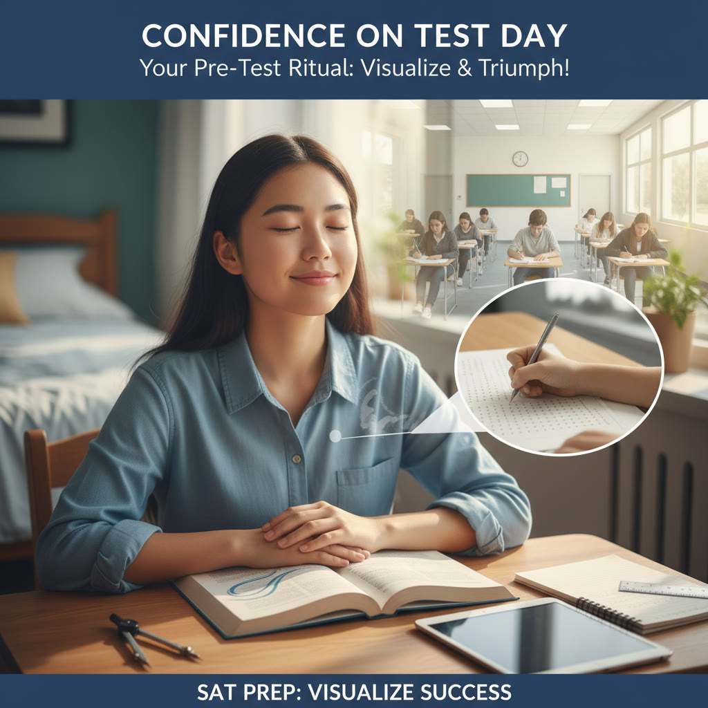Visualization exercise idea: a student closing their eyes and picturing the test room, pacing correctly, and calmly solving a problem; use this as a pre-test ritual.