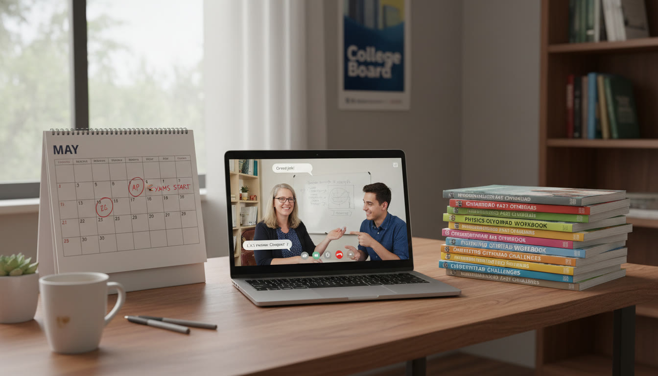 Photo Idea : A calm study corner with a calendar open to May (AP exam month), a stack of past Olympiad problem booklets, and a laptop showing a tutoring session—illustrating planning, preparation, and supportive coaching.