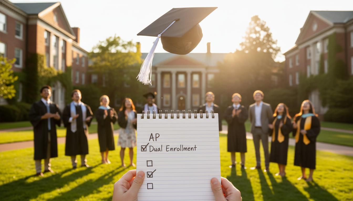 Photo Idea : A triumphant graduation cap tossed into the air above a campus background, paired with a notepad listing 