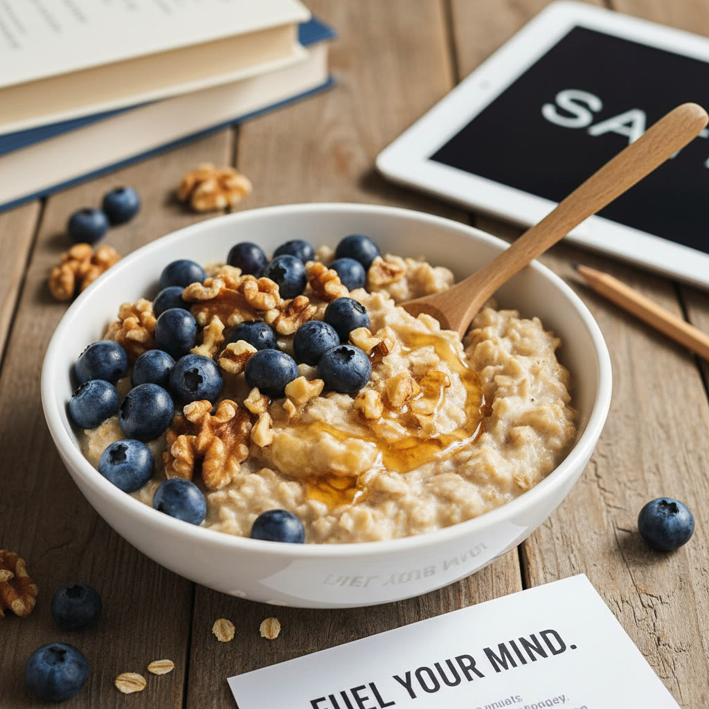 Bright bowl of oatmeal topped with blueberries, walnuts, and a drizzle of honey — shows a balanced brain-boosting breakfast idea.