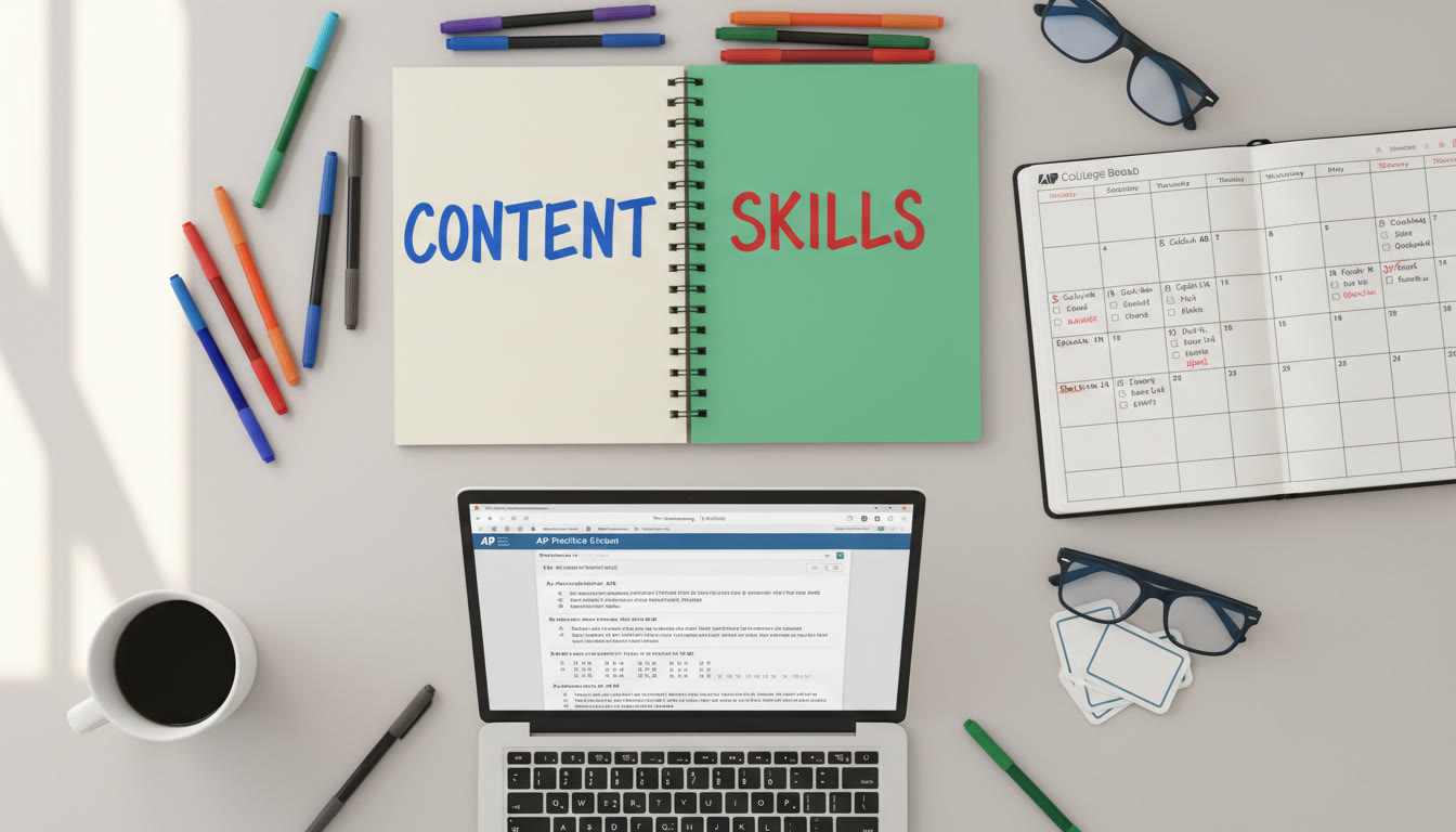 Photo Idea : An overhead shot of a student’s desk with two notebooks — one labeled “Content” and the other “Skills” — surrounded by colored pens, a calendar showing a 7-day block, and a laptop with a practice exam on screen. This image should sit near the top to visually introduce the dual-system idea.