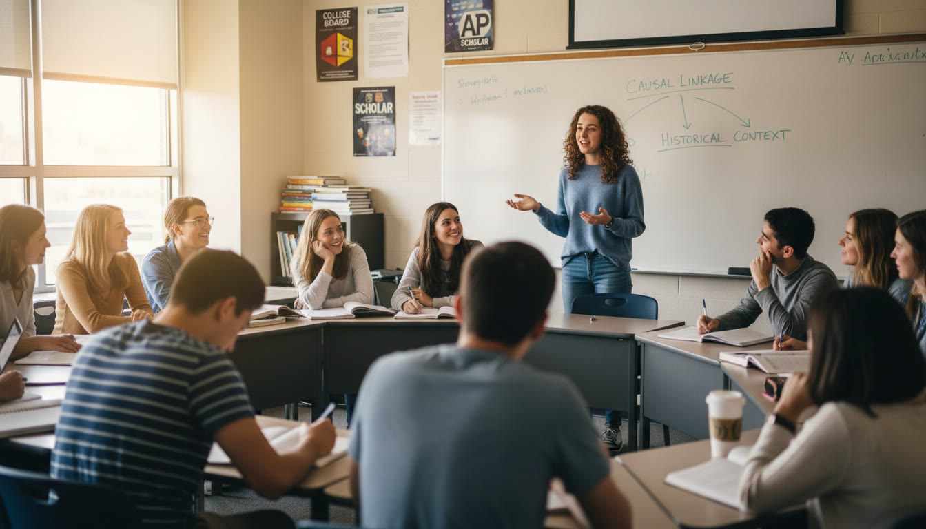 Photo Idea : A candid classroom scene of a student presenting an argument at the front while peers listen and take notes — warm natural light, expressive faces to show engagement.