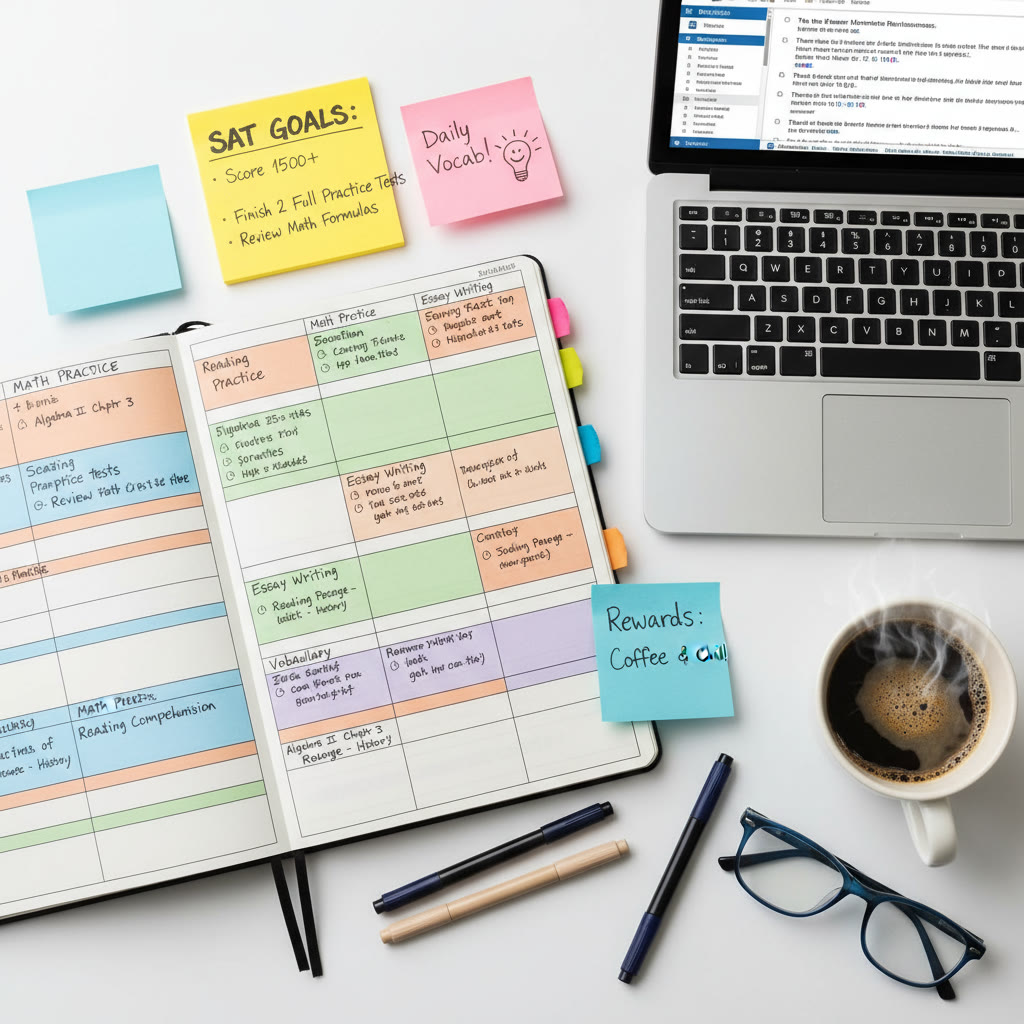 Top-down view of a weekly planner with color-coded study blocks, sticky notes highlighting goals, and a cup of coffee next to a laptop showing practice questions