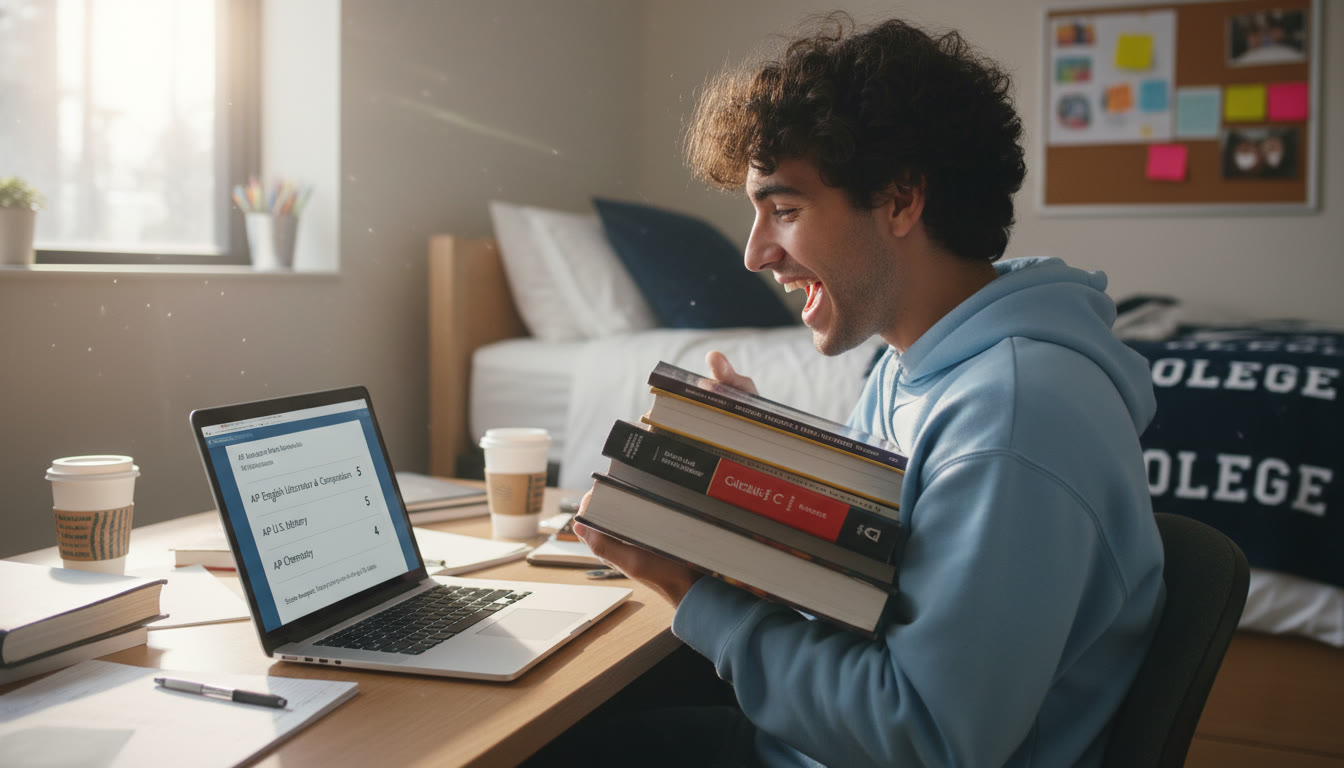 Photo Idea : A student at a desk juggling textbooks and a laptop, smiling while looking at an AP score report — bright, hopeful, top 30% of the article.