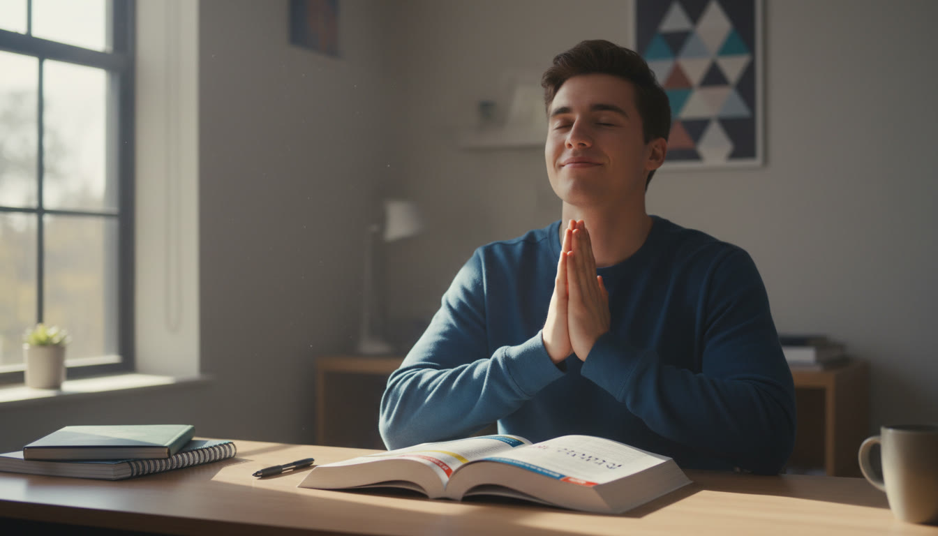 Photo Idea : A focused student sitting at a tidy desk with an open AP prep book, eyes closed, palms folded—capturing a moment of quiet visualization before studying.