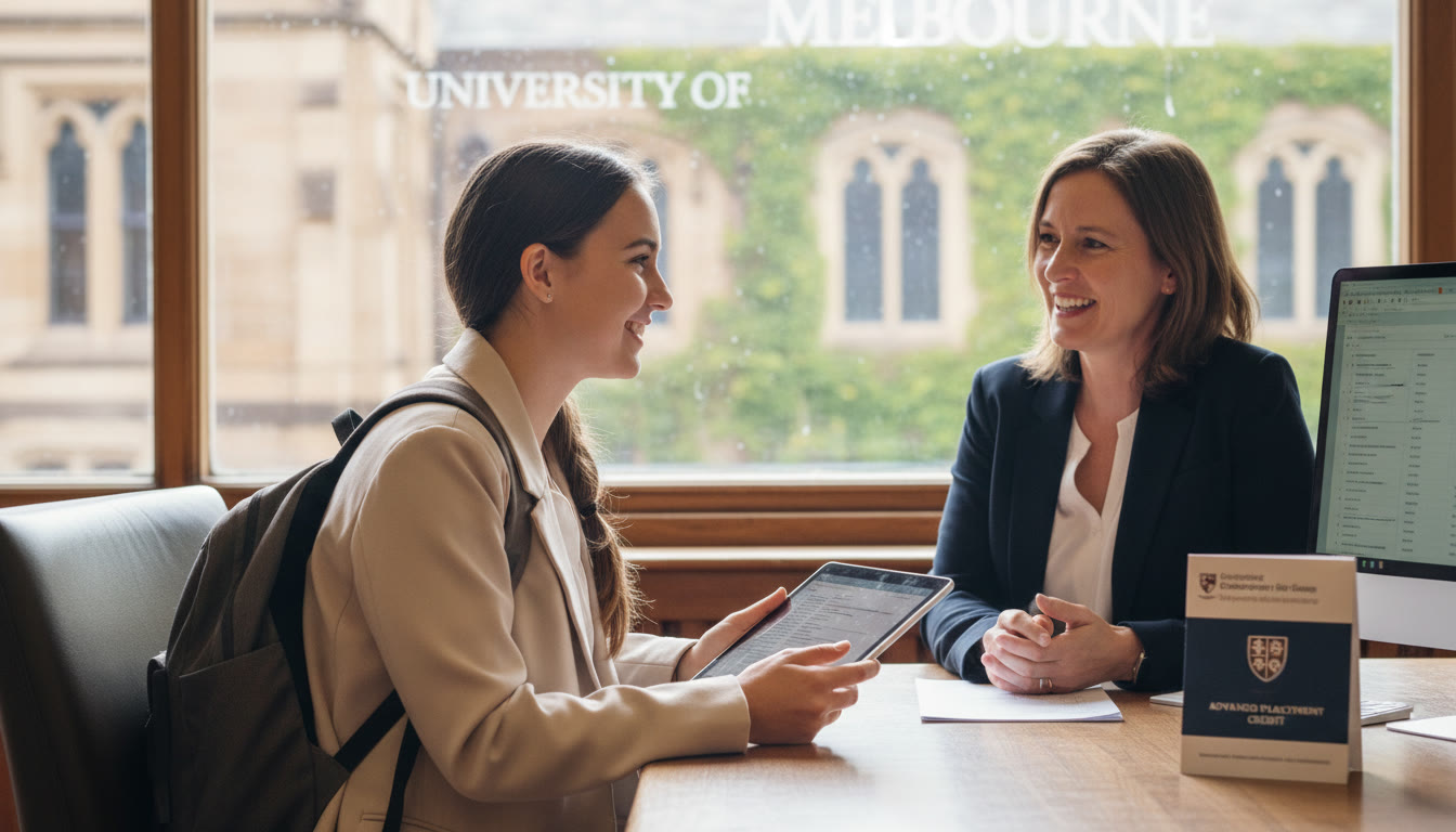 Photo Idea : A relaxed, study-abroad-style photo showing a student consulting a university advisor or faculty office on campus, with visible University of Melbourne branding or architecture blur in the background — suggests the administrative, human side of converting AP results into standing.