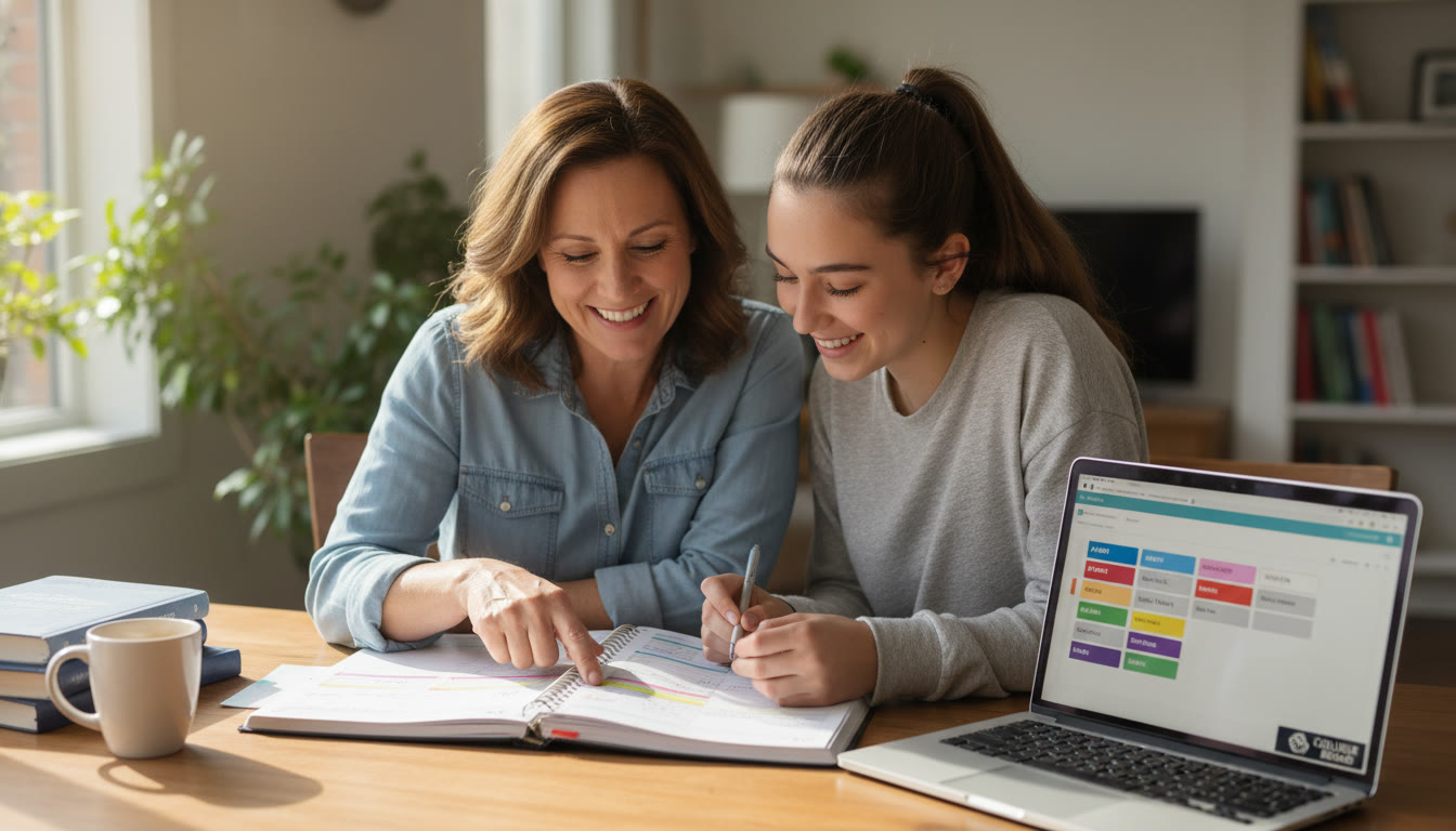 Photo Idea : A candid snapshot of a parent and teen reviewing a planner together, smiling, with a laptop open to a study schedule—shows teamwork and organized planning mid-article when discussing practical steps.