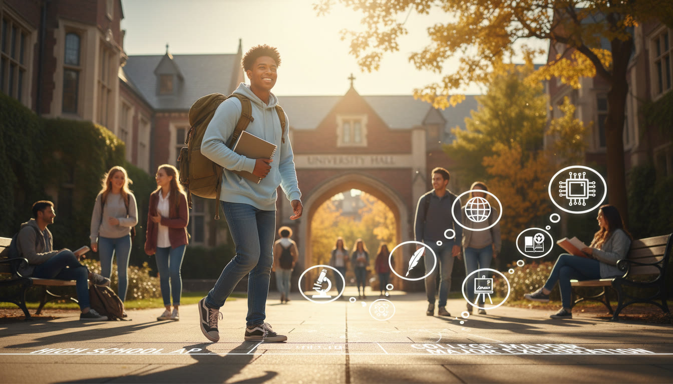 Photo Idea : A wide, optimistic shot of a student walking across a college quad with a backpack and notebook, visually representing progression from high school AP studies to college major exploration.