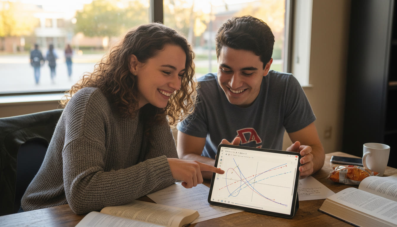 Photo Idea : A tutor and student leaning over a tablet with a Desmos graph on the screen, pointing at a curve while discussing results; the scene feels collaborative and encouraging.