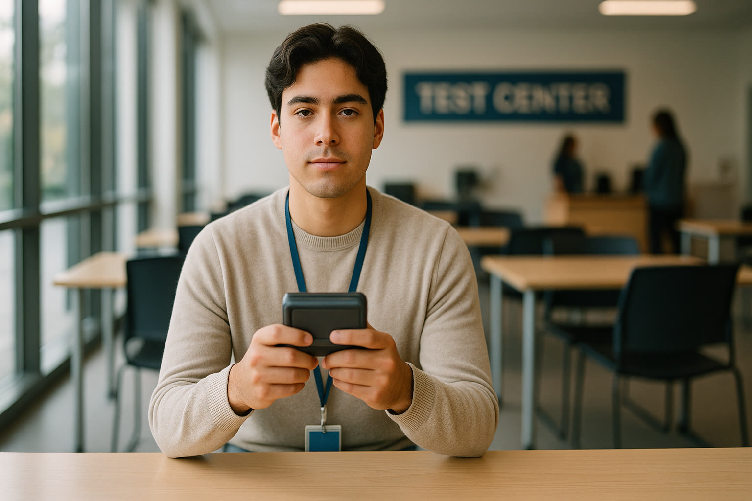 Photo Idea : A serene photo of a student holding a testing device with a neutral expression, sitting in a bright test center, showing quiet confidence and readiness.