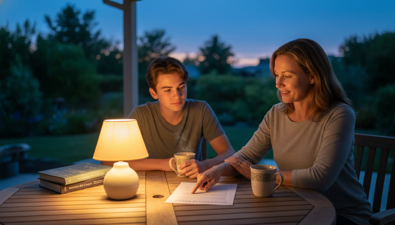 Photo Idea : A calm evening scene with a parent and teen sitting at a table with a short one-page review sheet, a mug of tea, and a soft lamp—emphasizing calm preparation rather than last-minute panic.